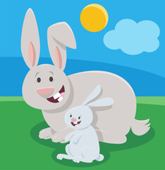 happy cartoon rabbit mom animal character with little bunny