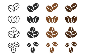 coffee bean icons set in outline, silhouette and flat colored styles