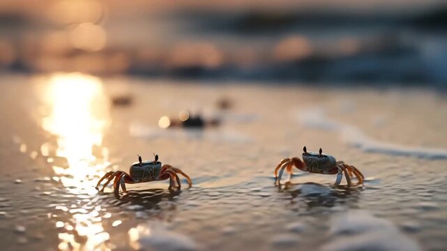 カニが夕暮れの浜辺を歩く