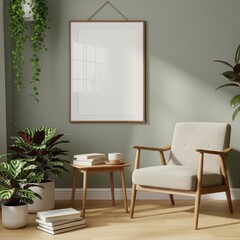 Mockup poster frame in a cozy modern reading nook with beige armchair, wooden side table, indoor plants, and sage green wall