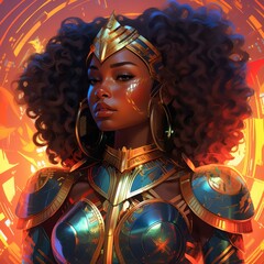 Warrior woman with curly hair in a vibrant, futuristic armor, set against a fiery abstract background