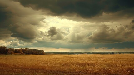 Dramatic storm clouds looming over a vast golden wheat field creating a striking natural landscape
