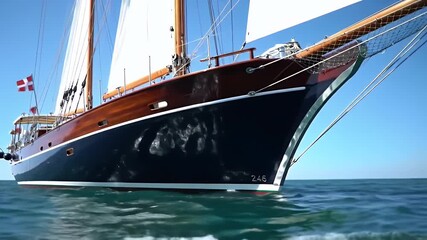 Classic Black and Brown Sailing Ship with White Sails on Blue Ocean Water Surface on a Clear Sunny Day