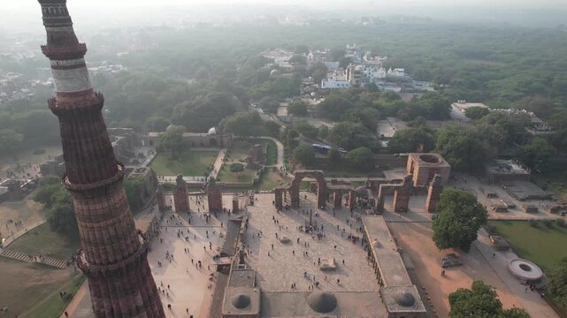 Drone clip of Qutub Minar a Unesco world heritage site in Delhi capital of India