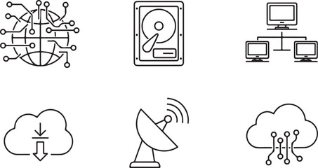 Network and data storage icons on white background globe circuit