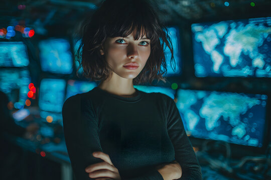 Confident government spy woman in futuristic commandcenter with glowing monitos, sensors, maps, and remoe control, created with Geerative AI