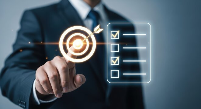 Illustration of businessman pressing virtual target button with checklist interface