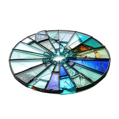 A circular stained glass window with various shades of blue, green, and hints of orange, showcasing a cracked and artistic design. Perfect for Halloween merchandise and seasonal marketing.