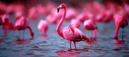Elegant flamingos standing gracefully in vibrant pink waters beneath a serene and beautiful sky