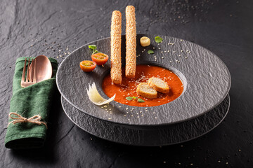 Professional tomato soup in exclusive restaurant made by the chef.