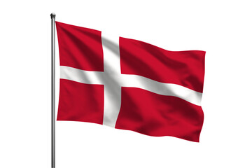 A danish flag waving gently on a silver pole against a black background in a studio setting