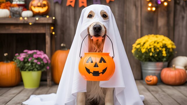 Adorable golden retriever dog dressed as a ghost for halloween holding a trick or treat pumpkin bucket