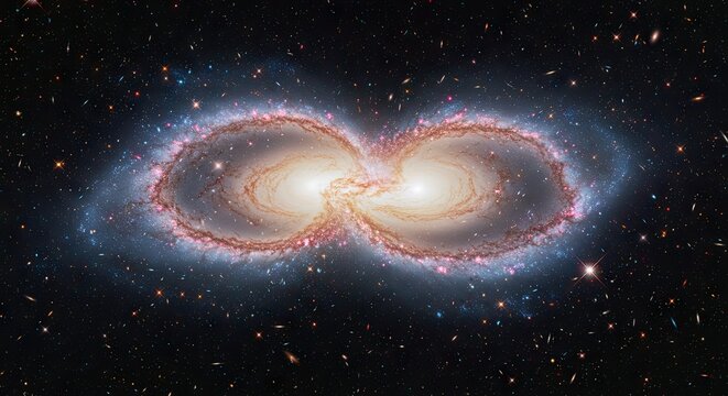 A stunning deep space spectacle showing two spiral galaxies colliding in a celestial dance, a vibrant and artistic cosmic merger of epic scale