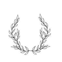 Twigs with leaves on round frames and flower corners, black and white sketch, simple drawing. Vector illustration. Floral botanical wreath, a set of silhouettes isolated on a white background. 