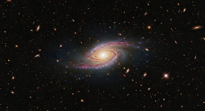 Breathtaking celestial artwork of a distant spiral galaxy, its luminous core and colorful arms spinning in the vast, dark canvas of the infinite cosmos