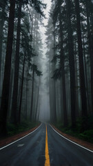 Obraz premium Moody journey into nature's misty embrace on a forest road, perfect for atmospheric travel themes