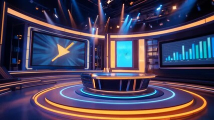 Modern Television Game Stage with Blue and Orange Lighting. 4k video