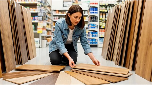 A woman kneels in a store aisle examining various samples of wood flooring laid out on the floor Shelves of products are visible behind her