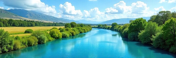 Serene landscape featuring a vibrant blue river winding through a cloudless sky, reflecting the azure above  Ideal for travel, nature, and environmental themes ,  stream,  nature,  vacation