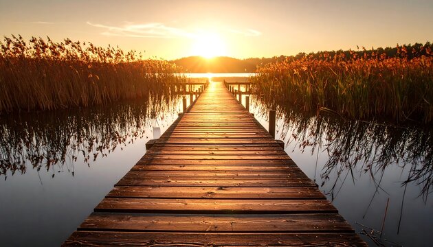 Wooden pier extending into a tranquil lake at sunset - Powered by Adobe