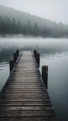 Naklejka premium Mystical foggy lake with wooden pier leading into tranquil waters and forest, peaceful nature