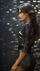 Elegant woman in a stylish outfit posing with confidence against a shimmering backdrop that enhances her graceful silhouette