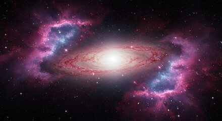 Spectacular artistic vision of a radiant spiral galaxy in deep space, framed by two brilliantly colored ethereal nebulae clouds