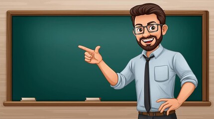 2D cartoon teacher pointing at chalkboard - Powered by Adobe