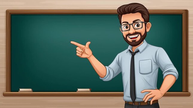 2D cartoon teacher pointing at chalkboard