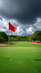Serene golf hole features vibrant red flag against backdrop of dramatic clouds and lush greenery, creating picturesque scene