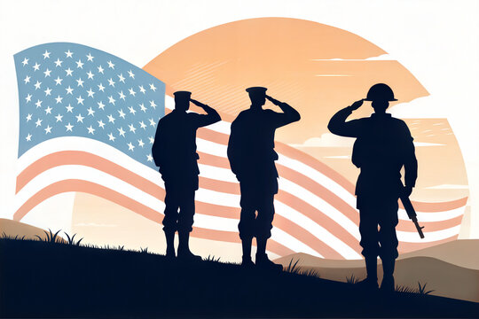 Three silhouetted soldiers saluting the american flag at sunset