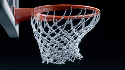 Close up view of basketball hoop net, showcasing intricate details of twisted netting and vibrant orange rim, capturing dramatic moment of scoring