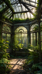 Obraz premium Overgrown abandoned greenhouse bathed in golden sunlight, evoking mystery and natural decay
