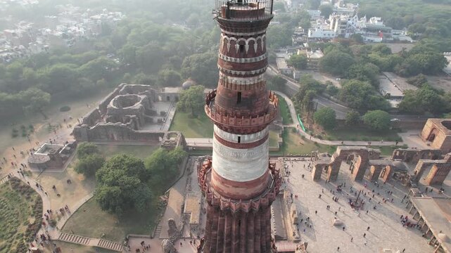 Drone clip of Qutub Minar a Unesco world heritage site in Delhi capital of India