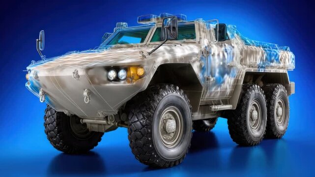 High-Tech Military Vehicle with Enhanced Armor and Futuristic Design Surrounded by a Blue Glow