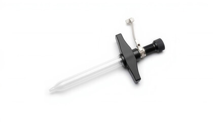 Laboratory syringe for precise fluid measurement on white background  