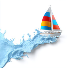 Vibrant sailboat navigates through foamy blue waves, creating dynamic and lively scene that captures essence of adventure and freedom