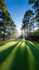 Serene golf course fairway bathed in early morning light, showcasing vibrant green grass and long shadows cast by tall trees