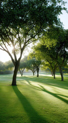 Serene golf course scene features lush green grass and tall trees casting long shadows in early morning light, creating peaceful atmosphere