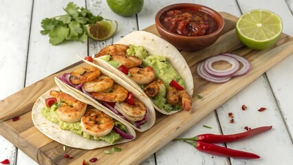 Delicious shrimp tacos with guacamole, salsa, red onion, and lime on a wooden board, presented on a white rustic table with chili peppers and cilantro