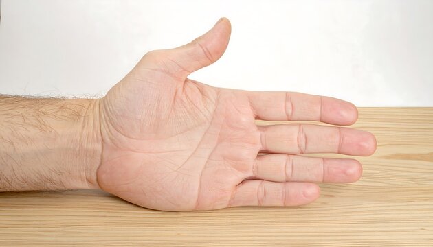 Open hand on wooden surface
