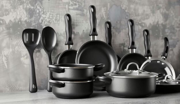 set of non-sticky aluminum Cookware on grey table