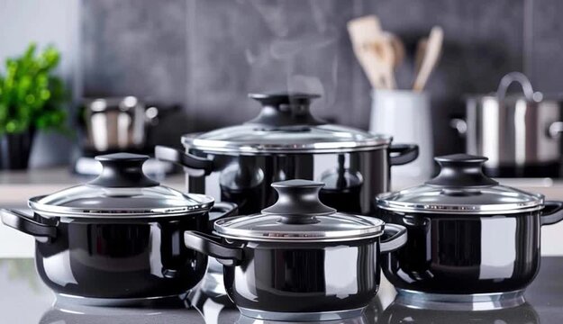 set of non-sticky aluminum Cookware on grey table