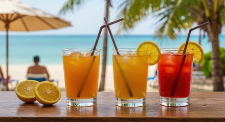 Fototapeta premium Tropical Summer Cocktails on Beach Bar with Palm Trees – Refreshing Holiday Drinks 