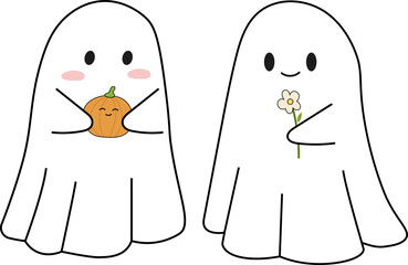 Cute Ghosts Holding Pumpkin and Flower