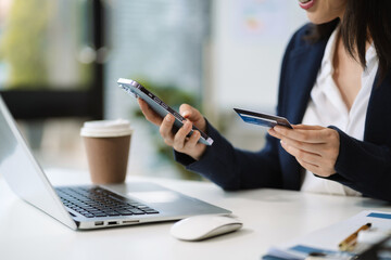 online shopping concept, woman shopping online is a form of electronic commerce from a seller over internet.