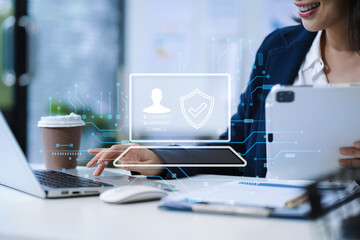 Cyber security, login, data protection concept Fingerprint scanning and authentication.