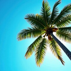 Fototapeta premium Tall palm tree against vibrant blue sky, sunlit leaves , palm tree, stock, image