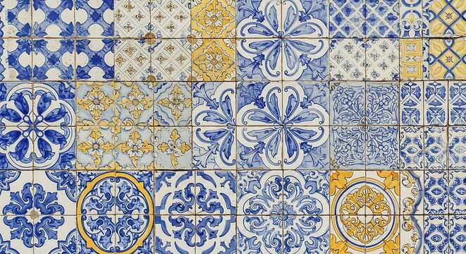 Traditional ceramic tiles in blue and yellow offer a glimpse into ornate design traditions