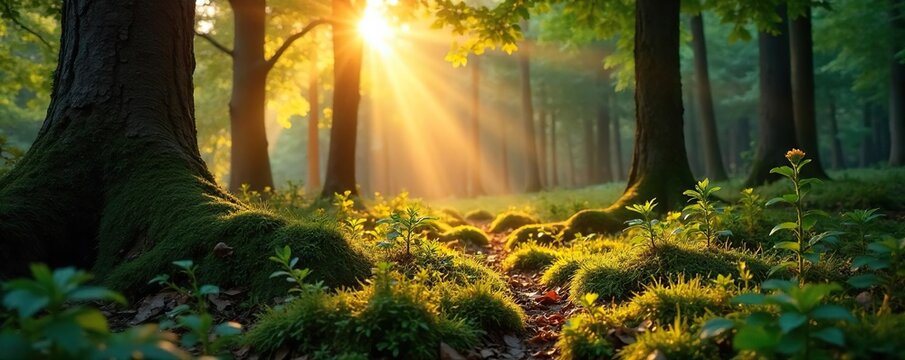 Serene woodland scene at golden hour, sunlight dappling through leaves onto a moss-covered forest floor Perfect for nature, tranquility, and environmental themes , natural, landscape